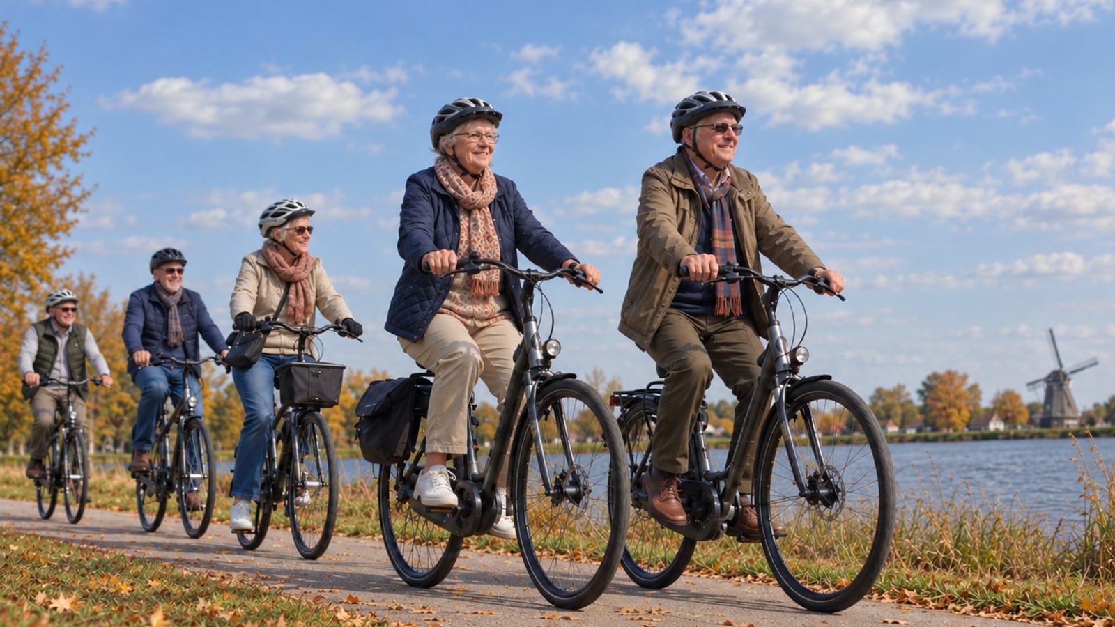 Fietsers rijden langs waterkanaal in herfstig landschap met bomen en windmolen zichtbaar