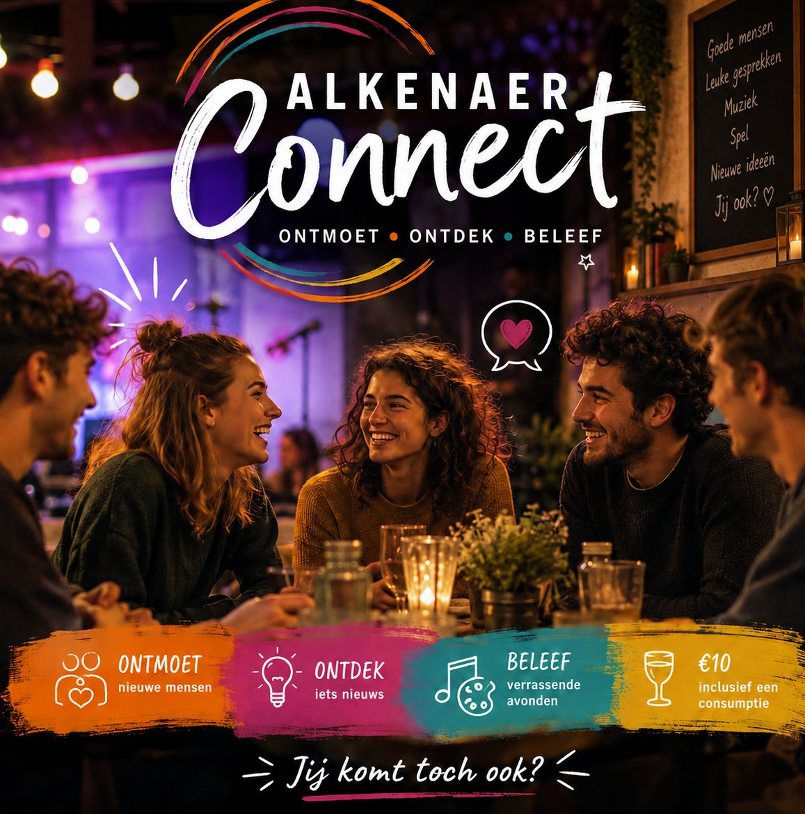 Groep volwassenen aan tafel zittend in verlichte zaal met neonreclame Alkenaer Connect en drankjes