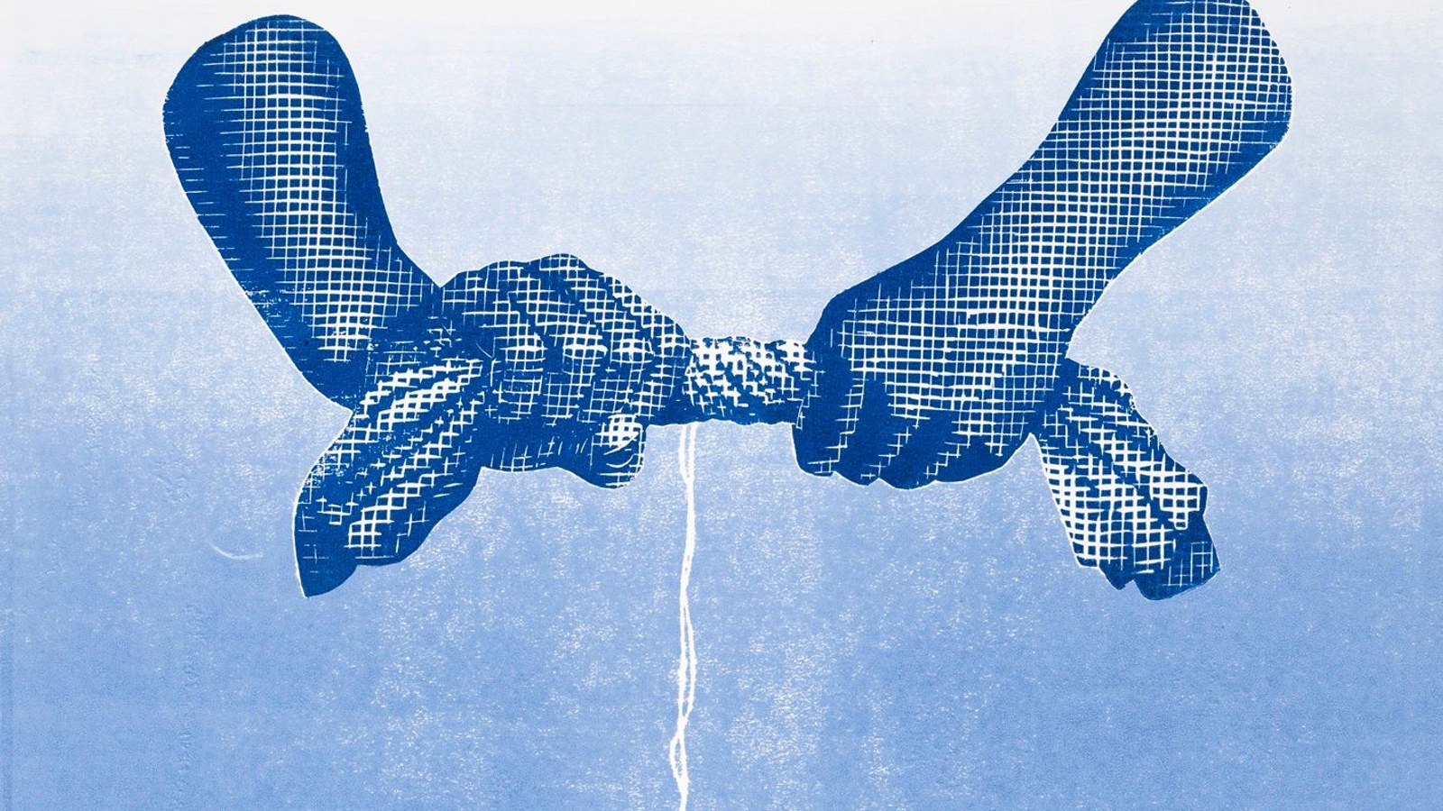 Grafische prenten met twee blauwe handvormen met rasterpatroon tegen lichtblauwe achtergrond