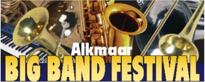 Muziekinstrumenten waaronder saxofoon, trompetten en piano met tekstopdruk Alkmaar Big Band Festival.