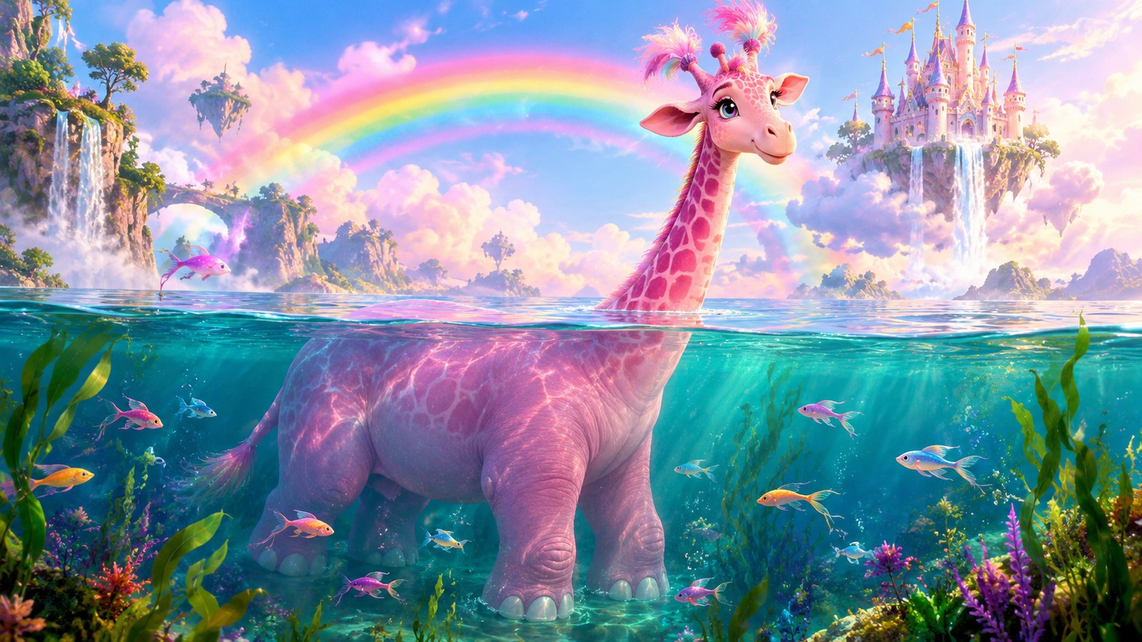 Illustratie roze giraffe half onder water in turquoise zee met regenboog, kasteel en palmbomen op achtergrond