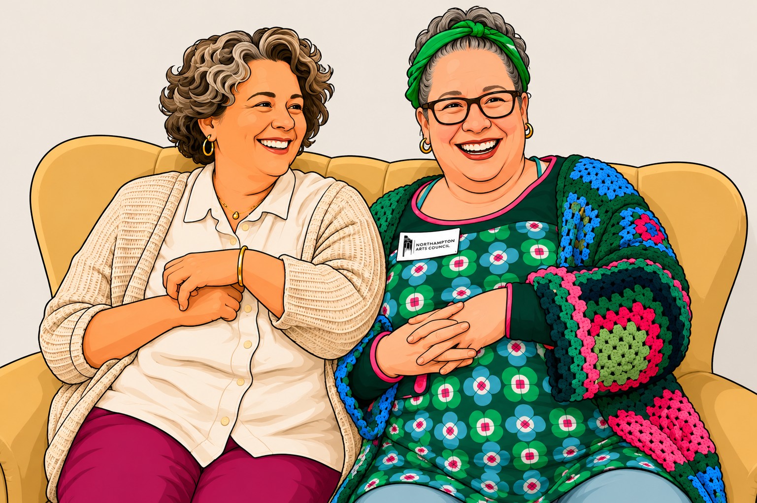 Twee vrouwen zitten lachend op een gele bank. De linkervrouw draagt een witte blouse en beige vest. De rechtervrouw draagt een groen vest me