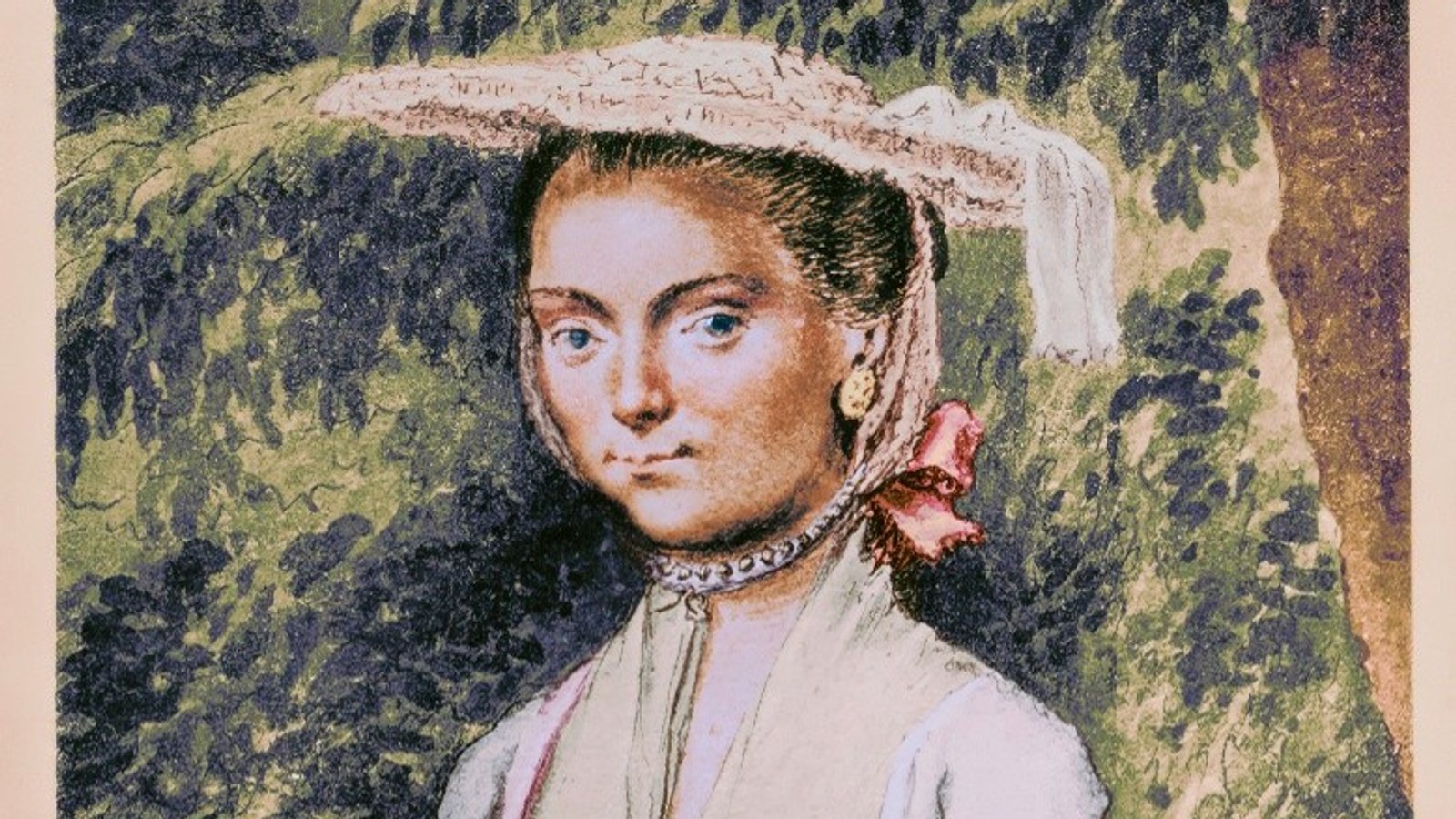 Geschilderd portret van vrouw in achttiende-eeuwse kleding met wit kapje en halssieraad