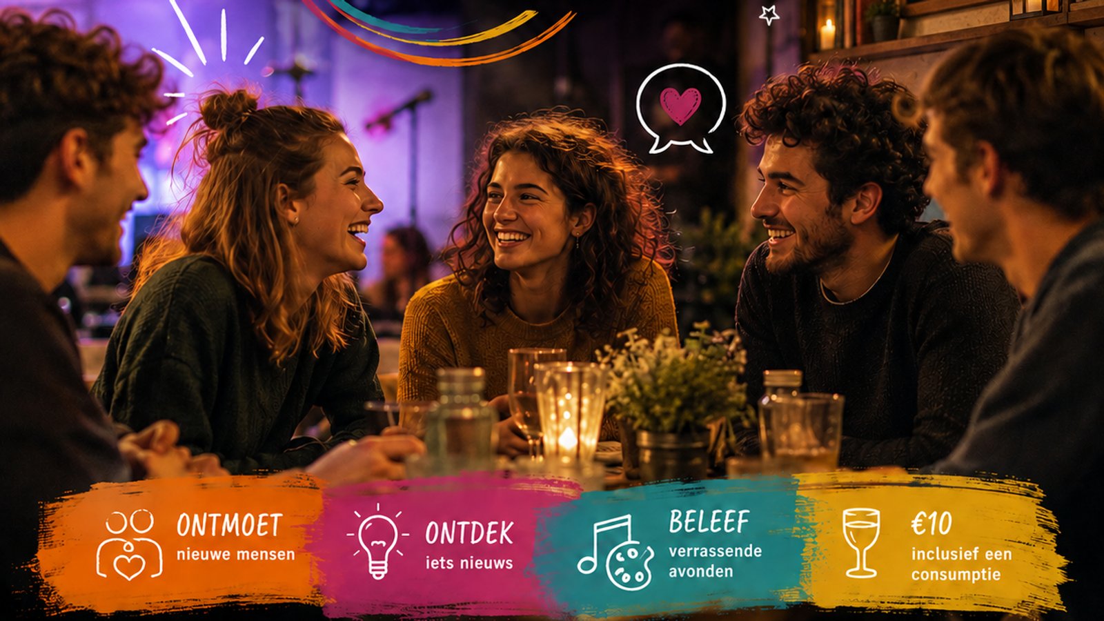 Groep volwassenen aan tafel zittend in verlichte zaal met neonreclame Alkenaer Connect en drankjes