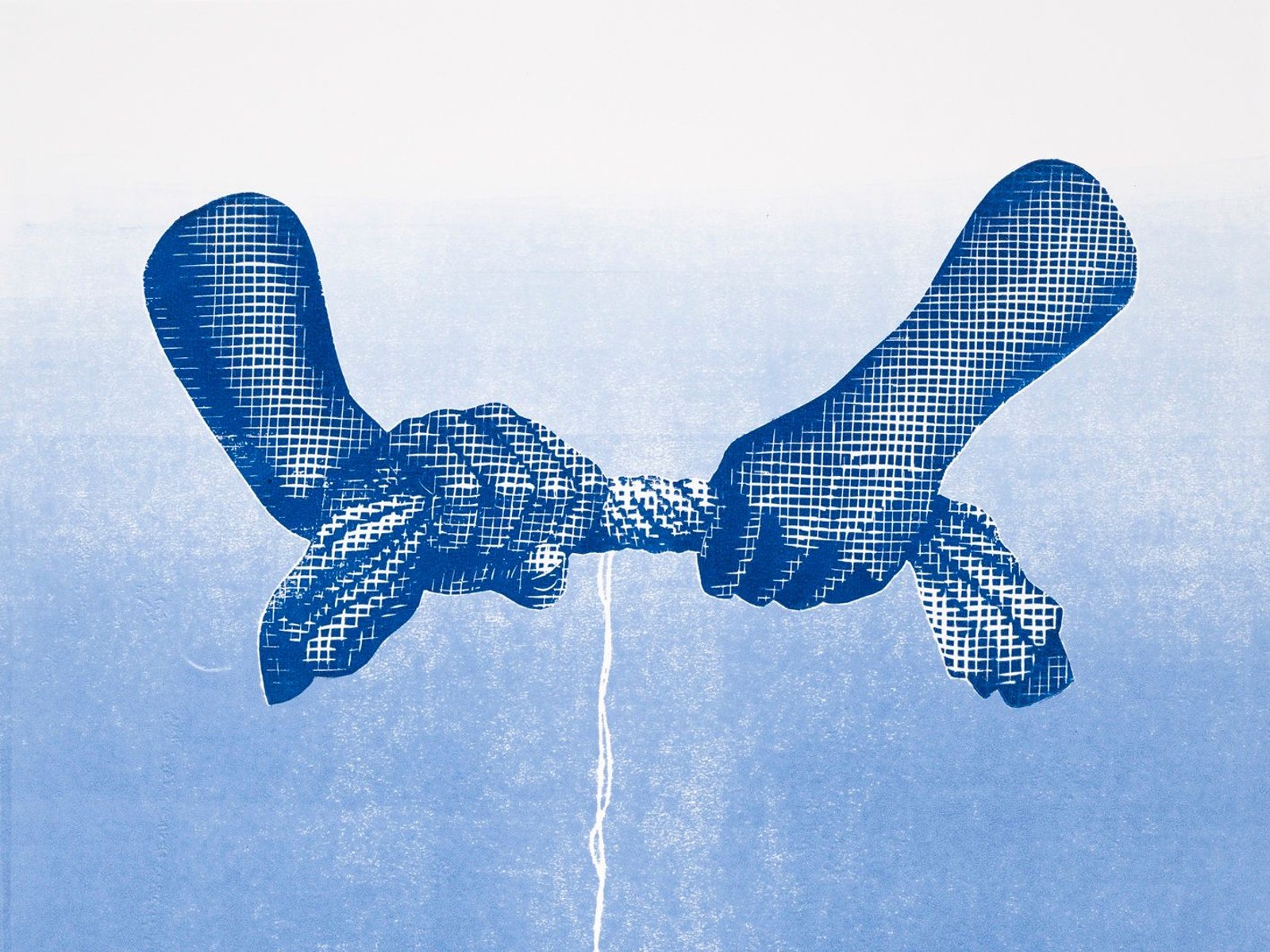 Grafische prenten met twee blauwe handvormen met rasterpatroon tegen lichtblauwe achtergrond