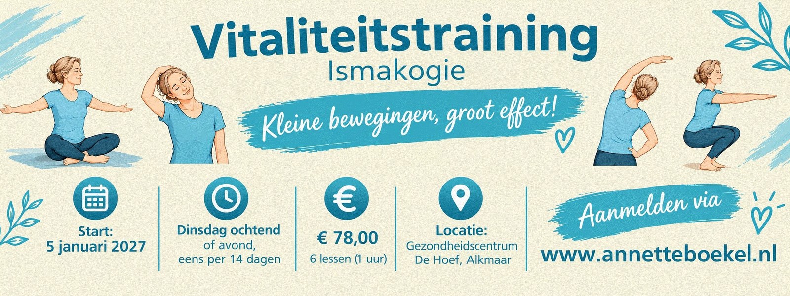 Vitaliteitstraining Ismakogie advertentie met illustraties van vrouwen die stretching- en fitnessoefeningen uitvoeren. Start 5 januari 2027,